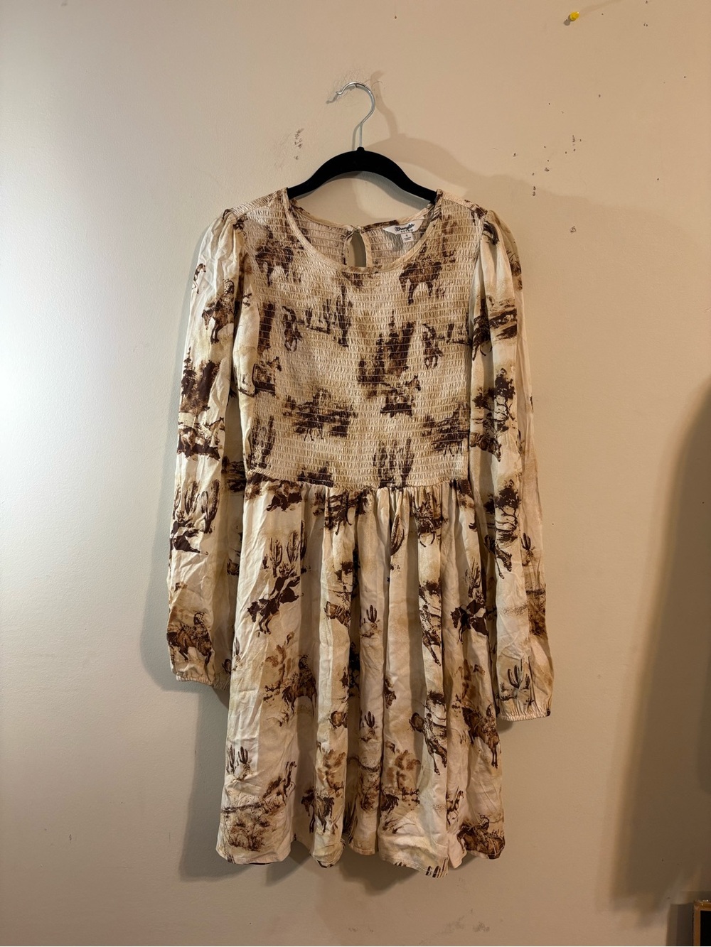 Wrangler Retro dress women's small long sleeve smocked mini cream brown western
